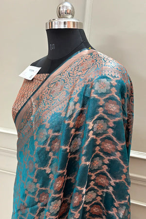 Teal Resham Zari Cotton Silk Banarasi Saree