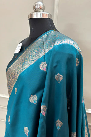Teal Resham Zari Silky Banarasi Saree
