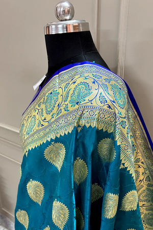 Teal and Royal Blue Golden Zari Katan Silk Banarasi Saree