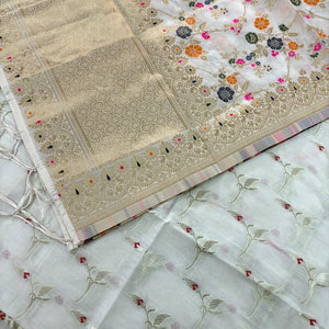 White Golden Zari Banarasi Silk Suit