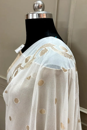 White Golden Zari Raw Mango Silk Banarasi Saree