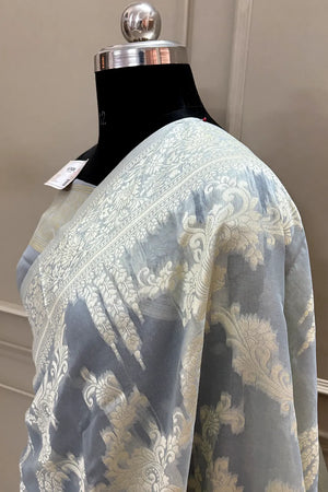 White Resham Zari Cotton Silk Banarasi Saree