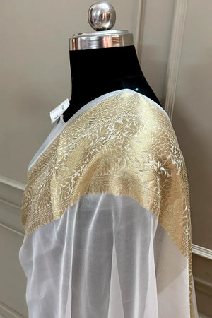 White Zari Border Organza Silk Banarasi Saree