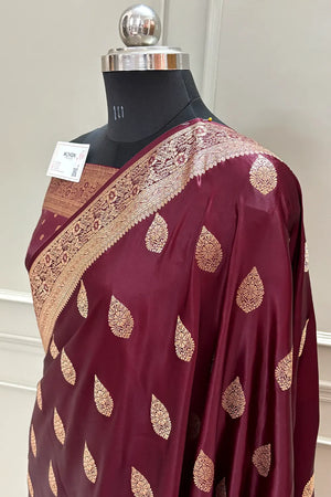 Wine Badami Buta Katan Silk Banarasi Saree