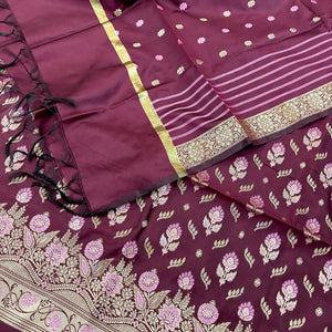 Wine Golden Zari Satin Silk Banarasi Suit
