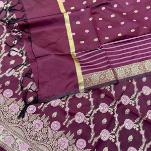 Wine Golden Zari Satin Silk Banarasi Suit