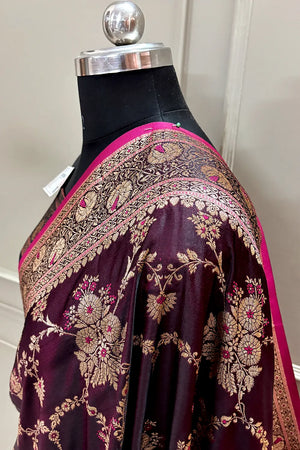 Wine Golden Zari Katan Silk Banarasi Saree