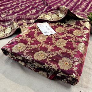 Wine Stone Work Kimkhab Silk Banarasi Gharara