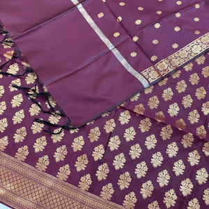 Wine Tri Phool Satin Silk Banarasi Suit