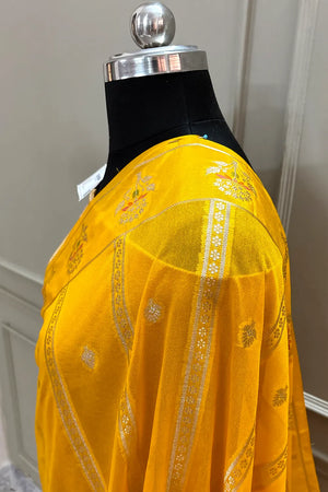 Yellow Golden Zari Raw Mango Silk Banarasi Saree
