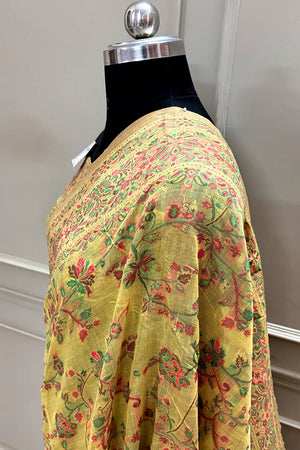 Yellow Printed Linen Silk Banarasi Saree