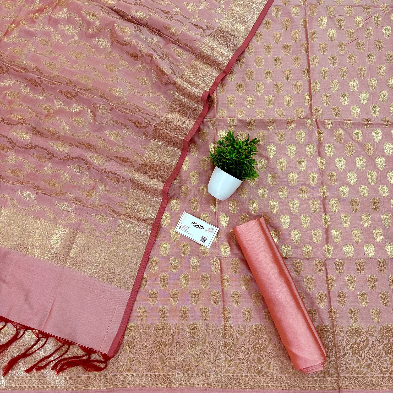 Baby Pink Sunflower Katan Silk Banarasi Suit