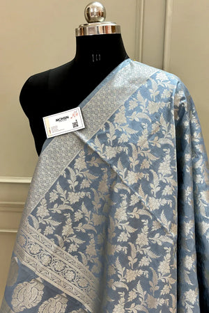 Grey Golden Zari Katan Silk Banarasi Dupatta