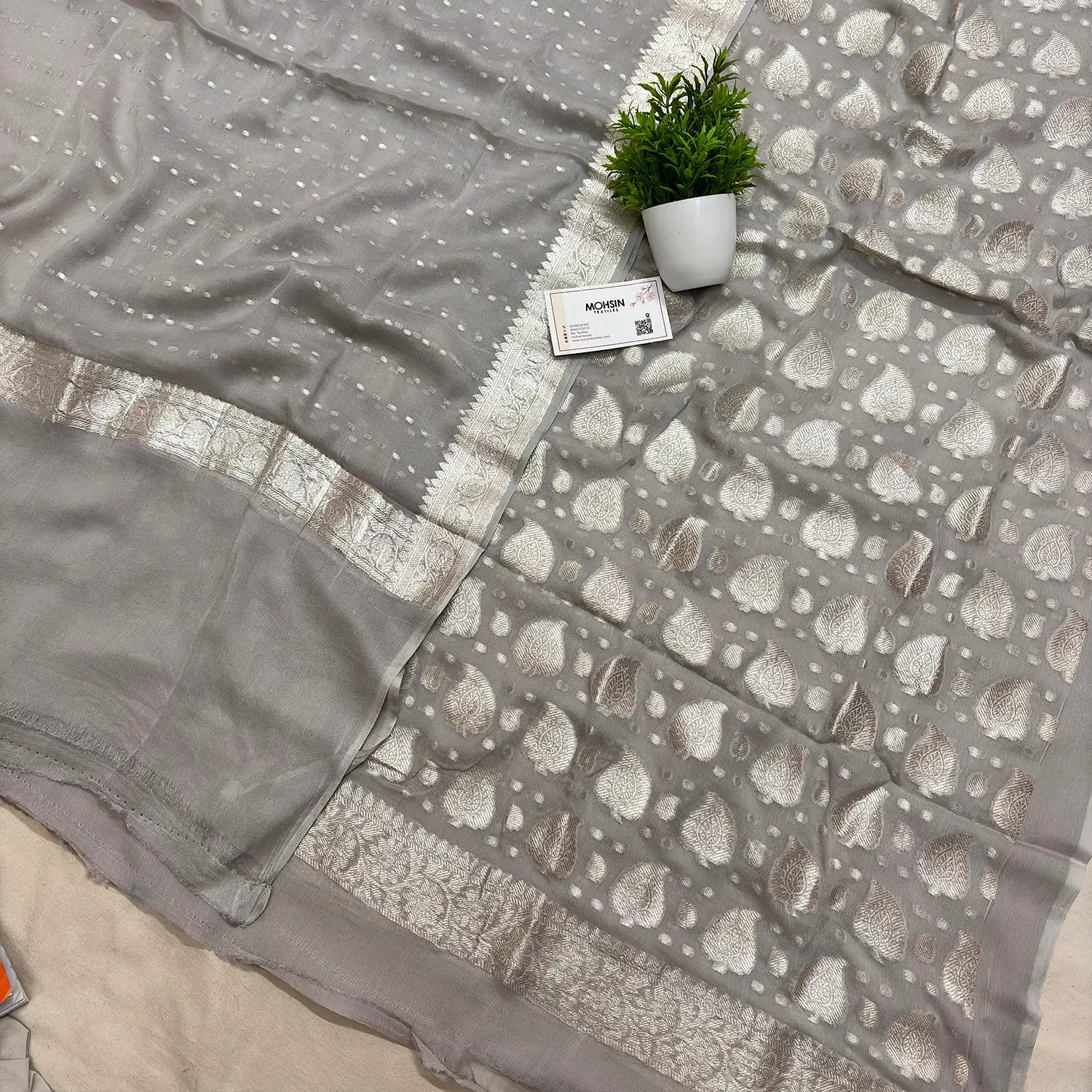 Grey Patta Handloom Georgette Silk Banarasi Suit