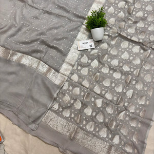 Grey Patta Handloom Georgette Silk Banarasi Suit