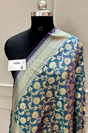 Peacock Blue Golden Zari Katan Silk Banarasi Dupatta