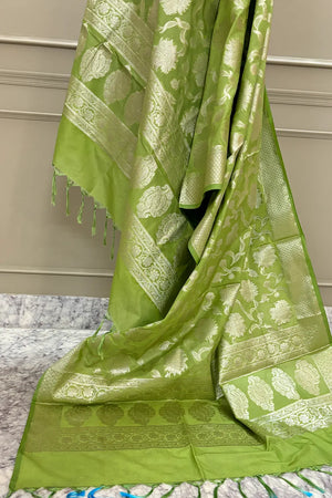Pista Golden Zari Katan Silk Banarasi Dupatta