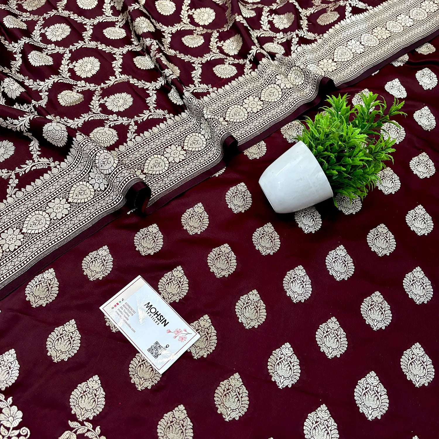 Wine Golden Zari Katan Silk Banarasi Suit