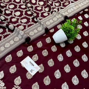 Wine Golden Zari Katan Silk Banarasi Suit