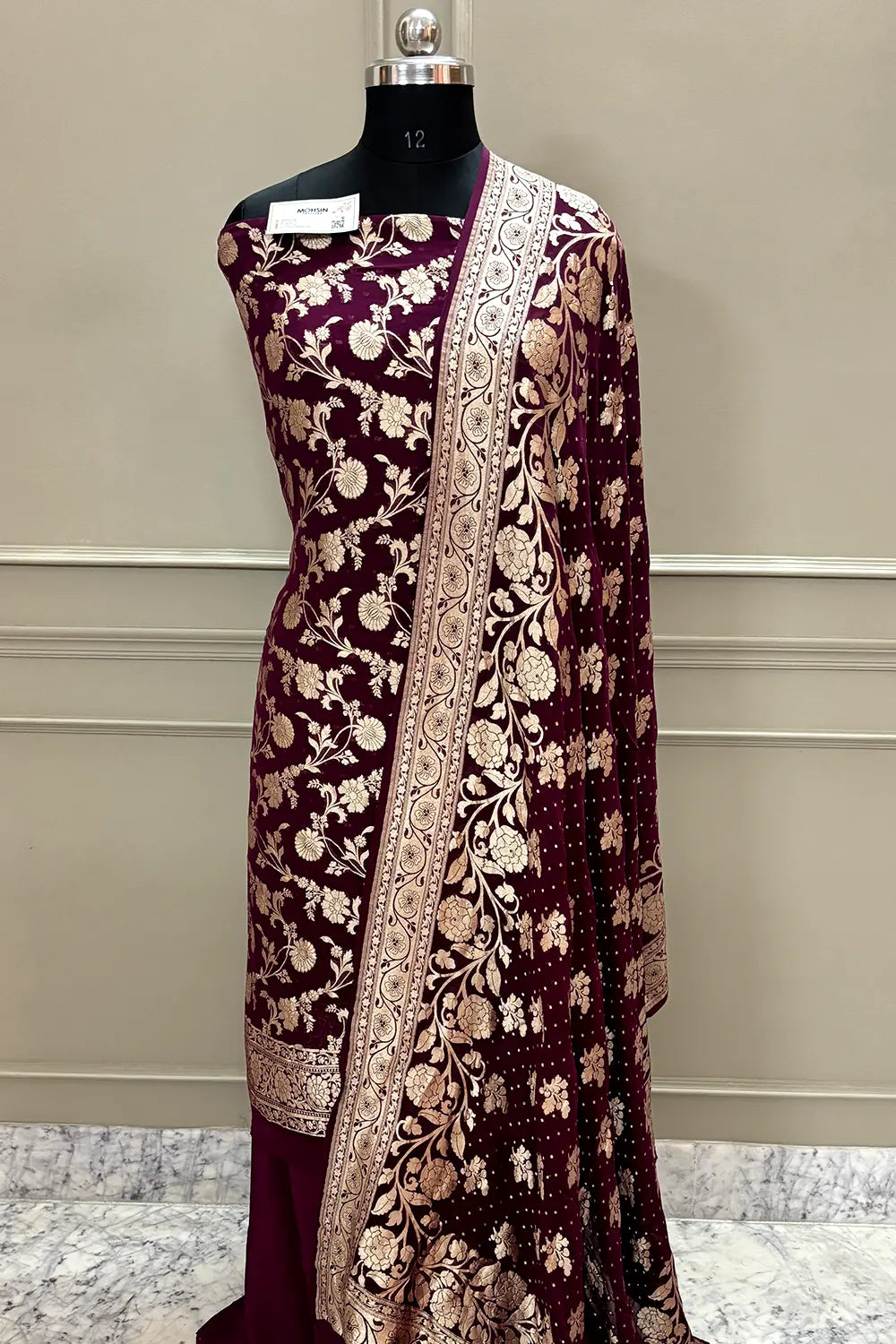 Wine Golden Zari Pure Georgette Silk Banarasi Suit