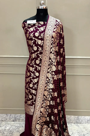 Wine Golden Zari Pure Georgette Silk Banarasi Suit