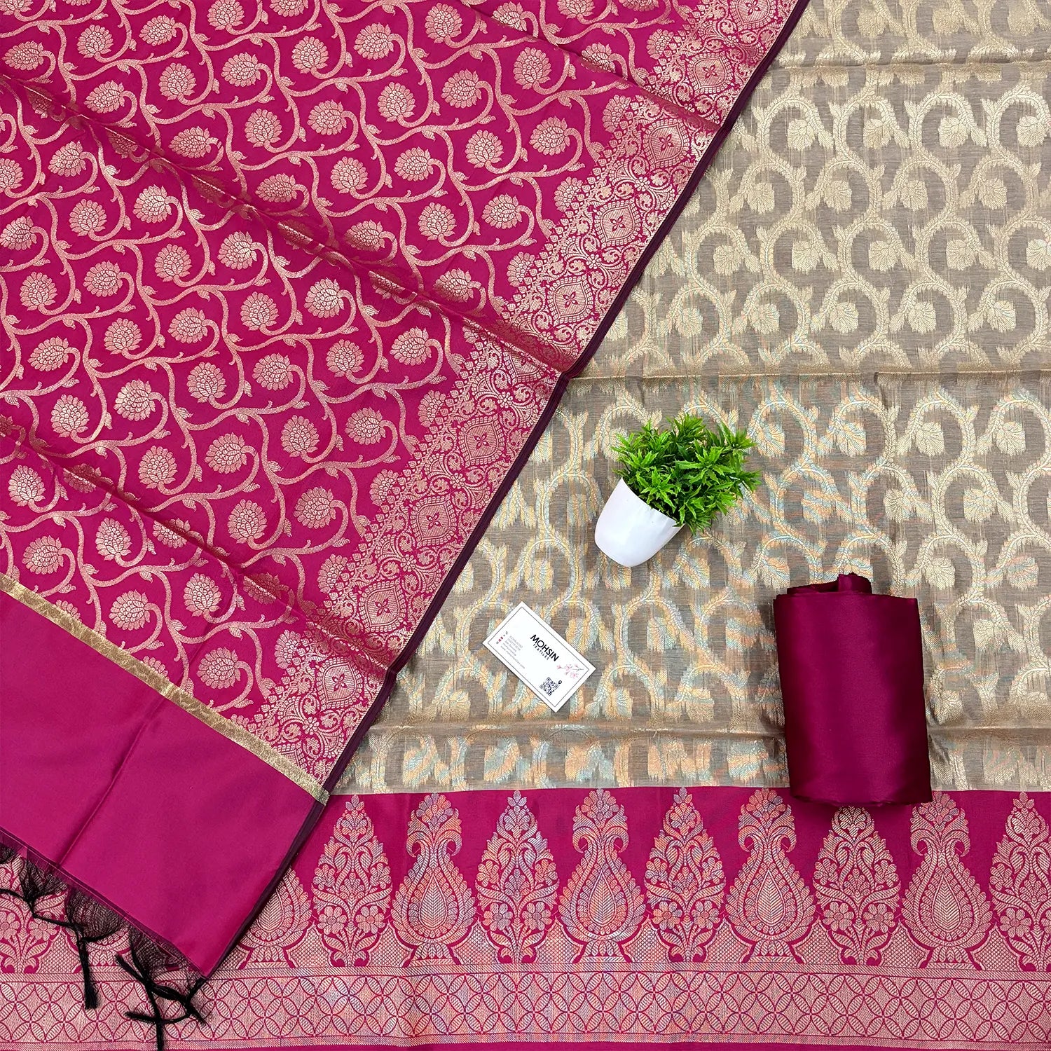 Beige and Pink Kalgha Jaal Banarasi Silk Suit