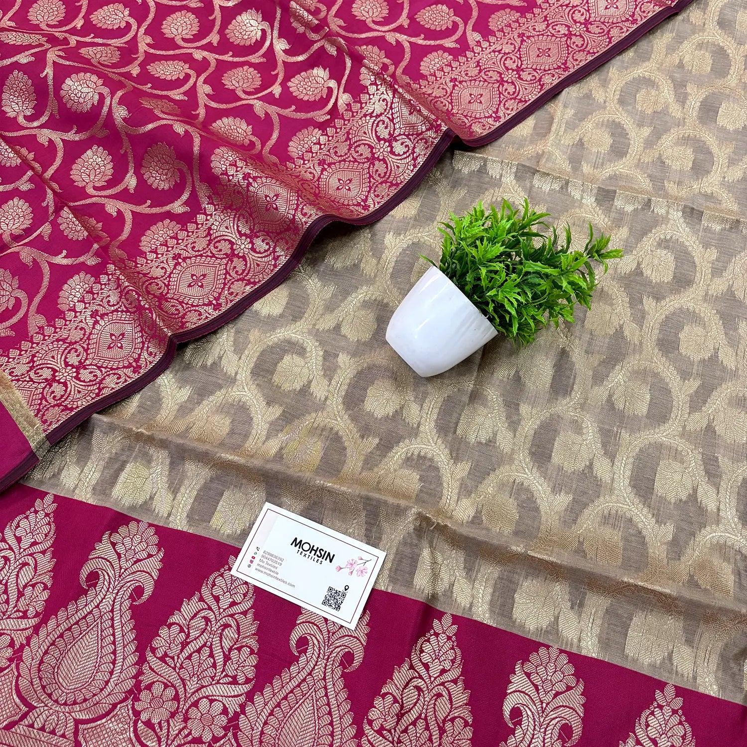 Beige and Pink Kalgha Jaal Banarasi Silk Suit