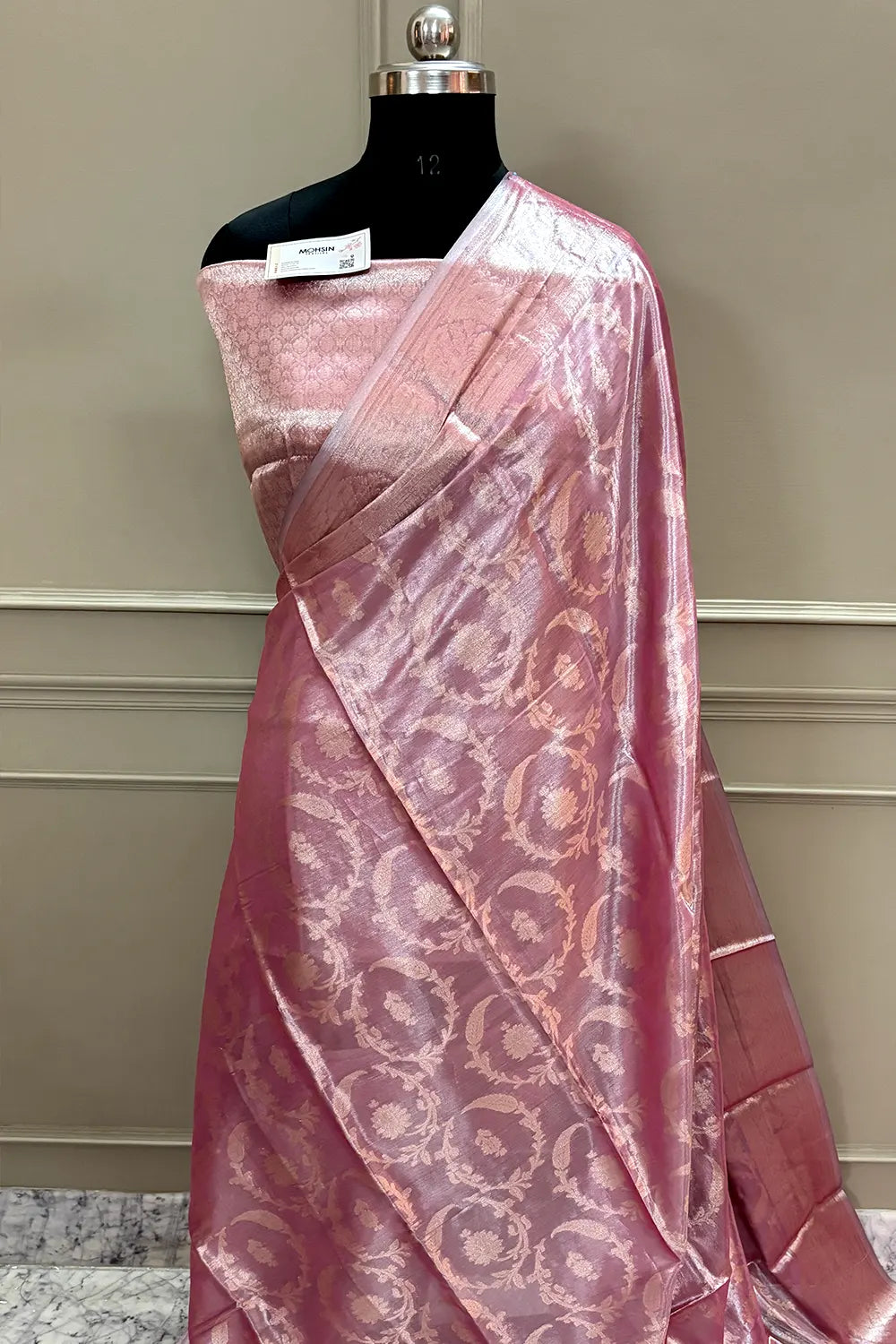 Baby Pink Golden Zari Tissue Silk Banarasi Saree