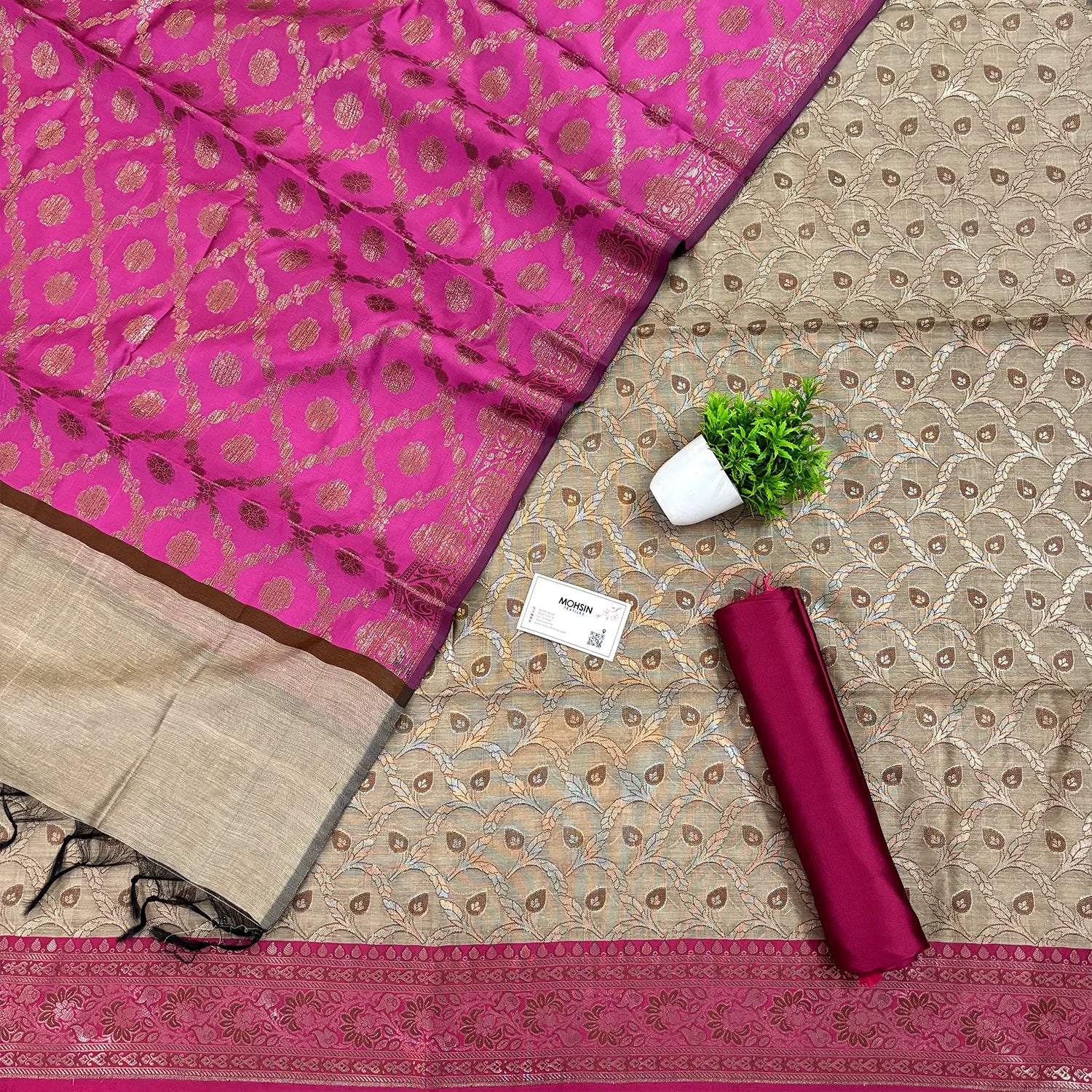 Beige and Pink Patti Jaal Banarasi Silk Suit