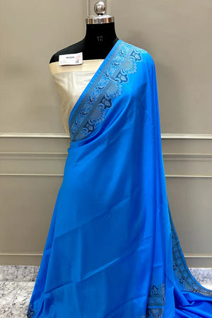 Blue and Beige Plain Resham Silk Banarasi Saree