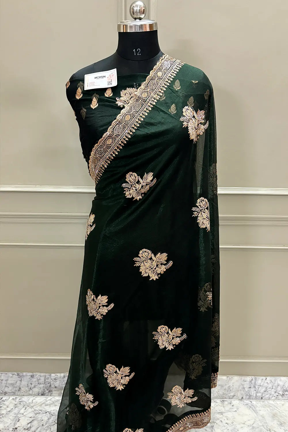 Bottle Green Embordiery Siroski Work Silk Saree