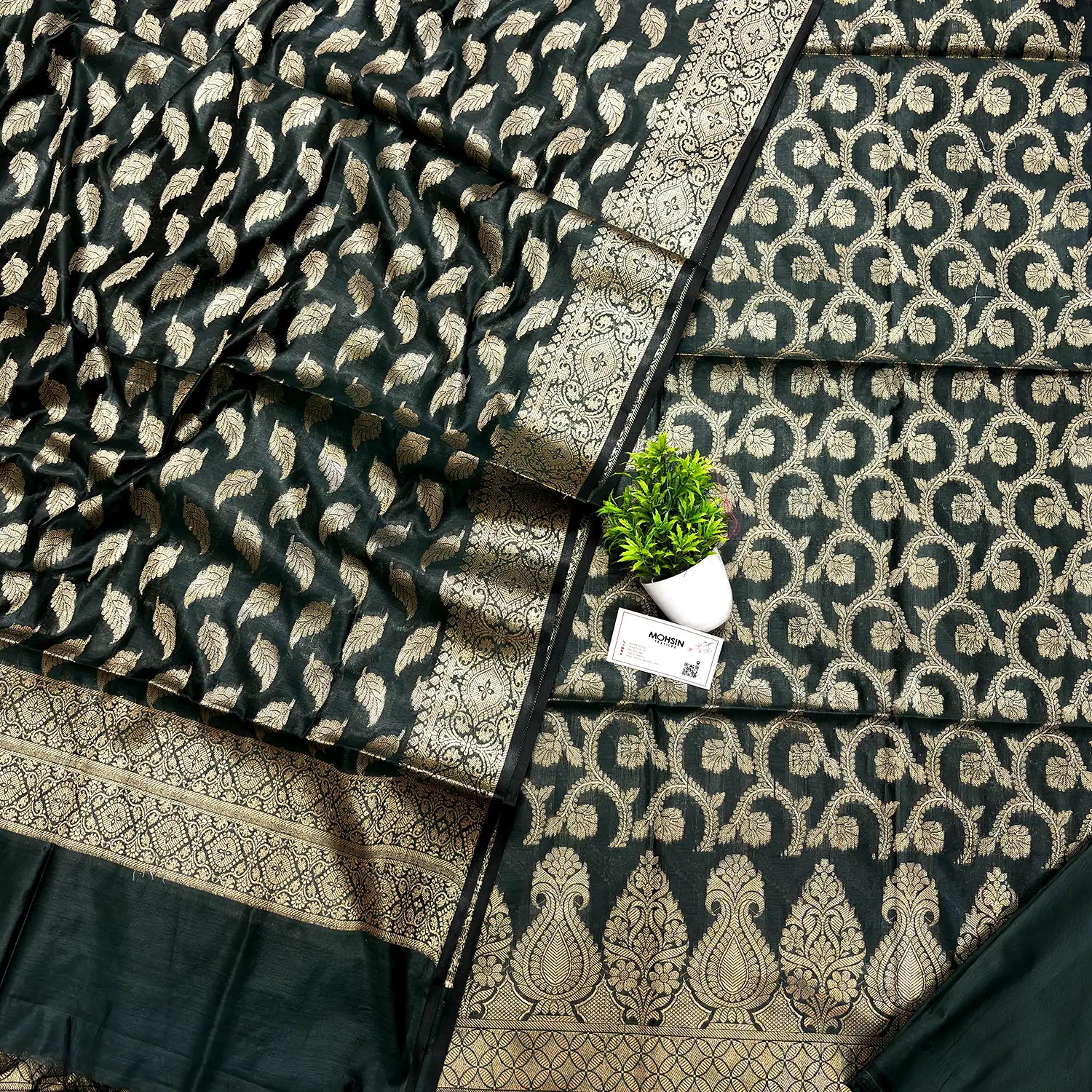 Bottle Green Golden Zari Banarasi Silk Suit