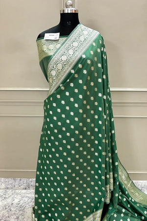 Bottle Green Golden Zari Crepe Silk Banarasi Saree