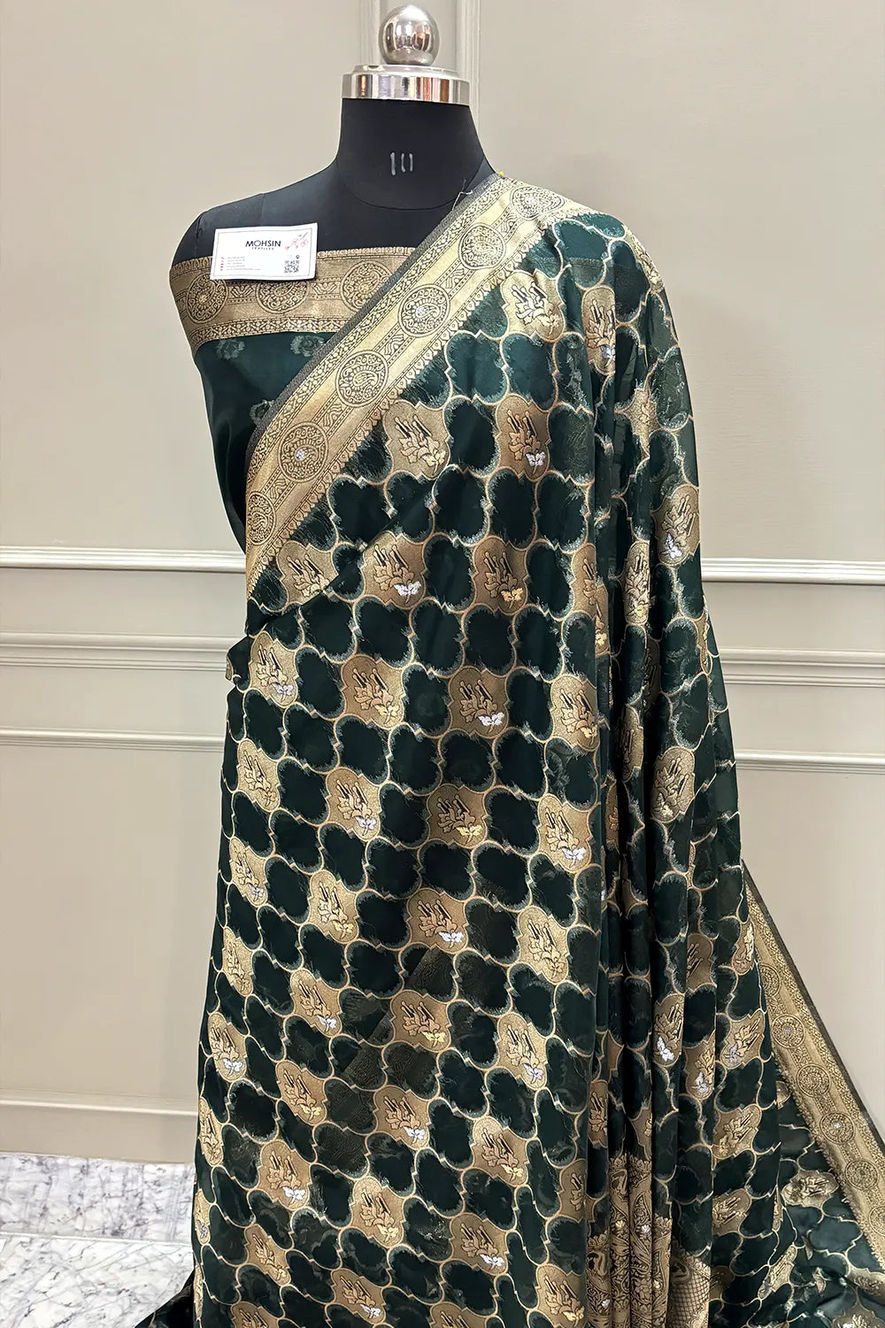 Bottle Green Golden Zari Organza Silk Banarasi Saree