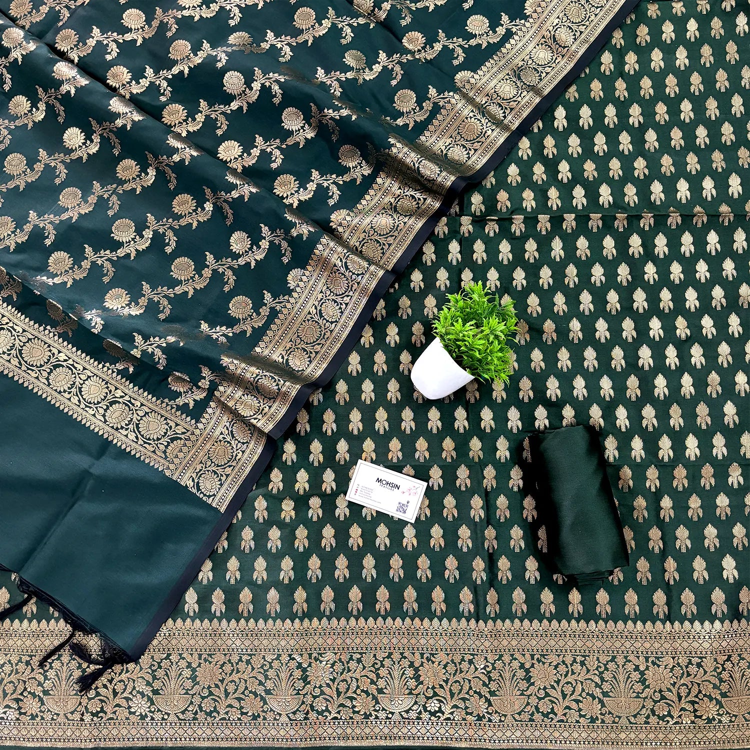 Bottle Green Rocket Buti Satin Silk Banarasi Suit