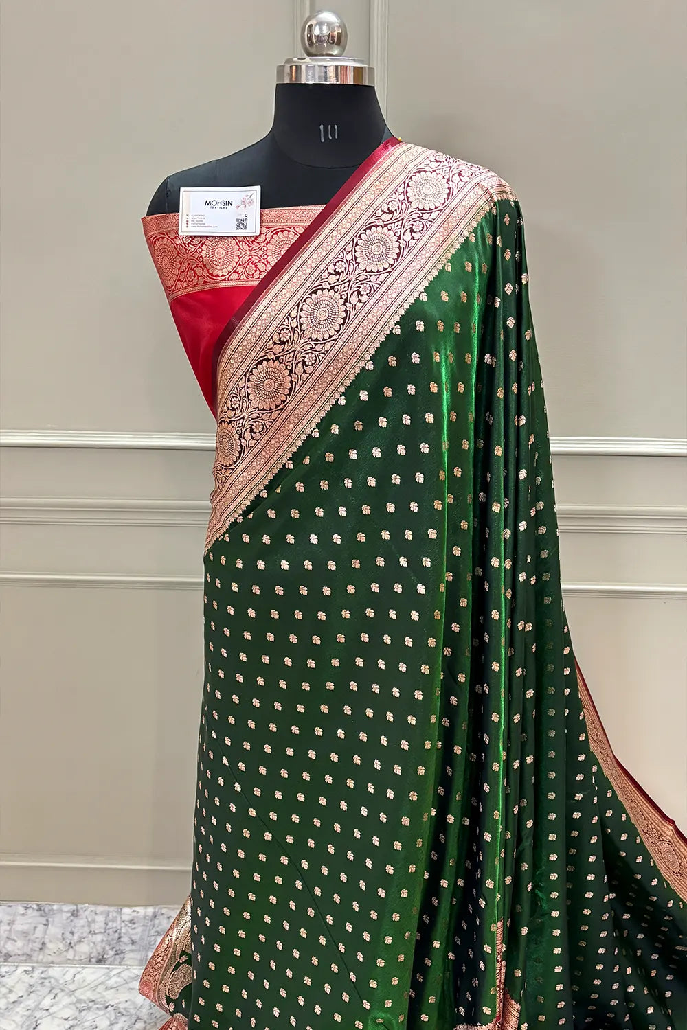 Bottle Green and Red Makkhi Buti Katan Silk Banarasi Saree
