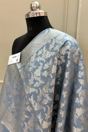 Grey Golden Zari Katan Silk Banarasi Dupatta
