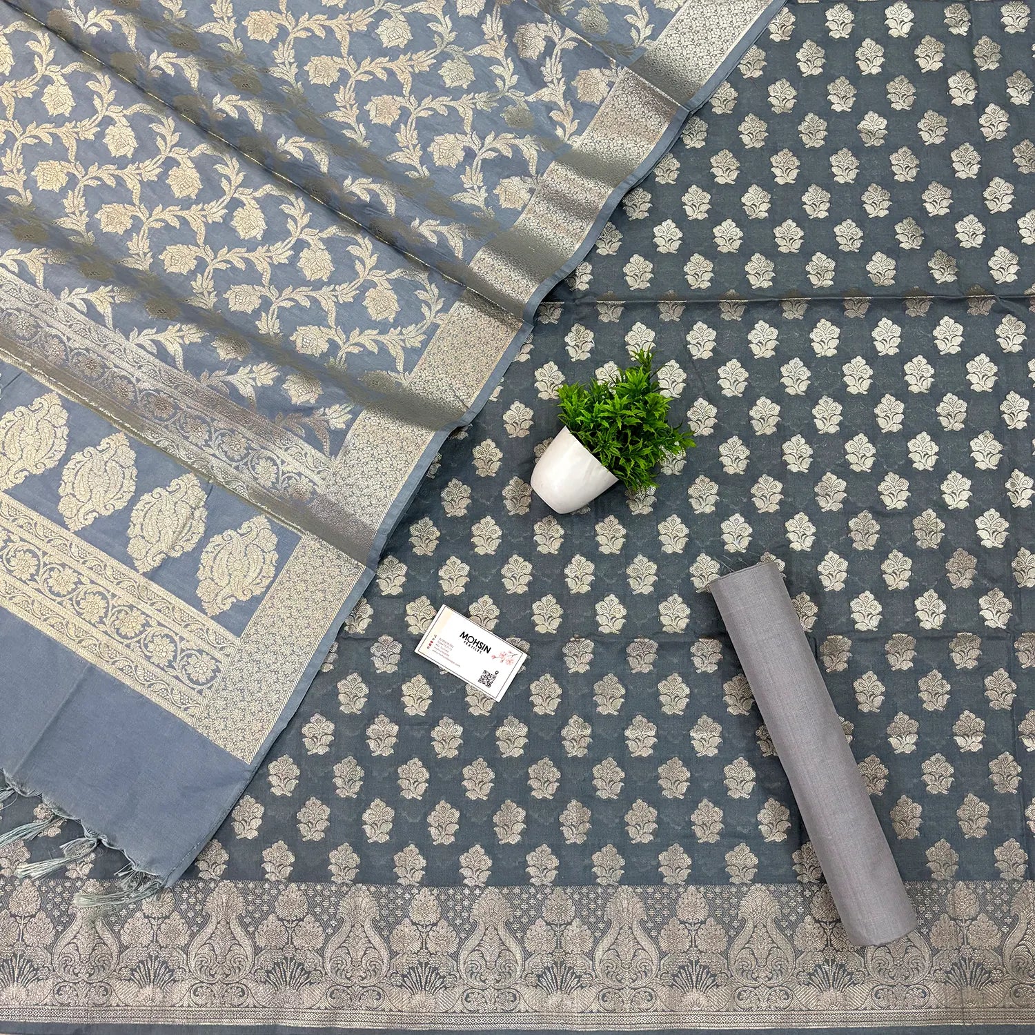 Grey Golden Zari Katan Silk Banarasi Suit