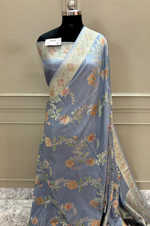 Grey Shakahari Jaal Georgette Silk Banarasi Saree