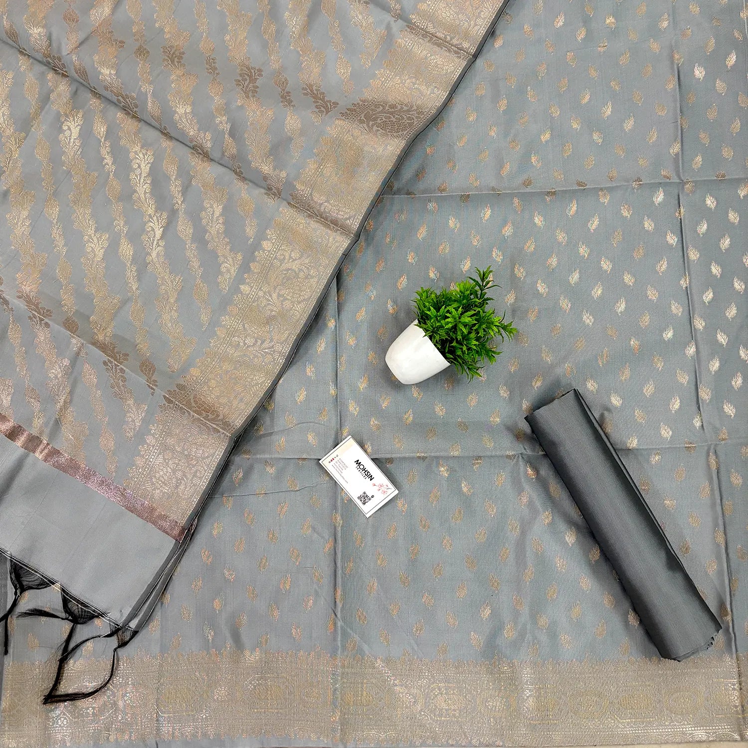 Grey Sunehri Pankh Satin Silk Banarasi Suit