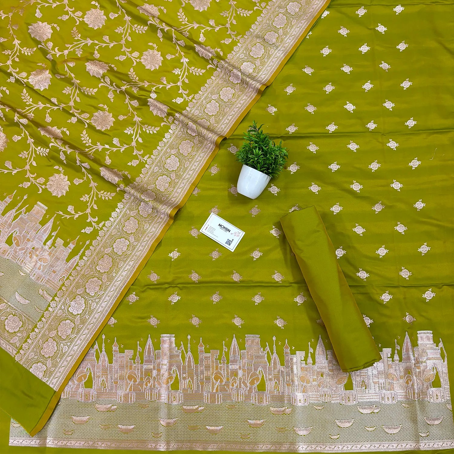 Mehendi Ganga Ghat Katan Silk Banarasi Suit