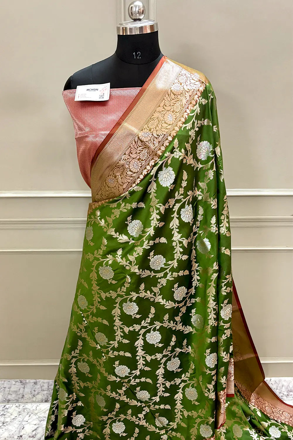 Mehendi and Red Golden Zari Banarasi Silk Saree