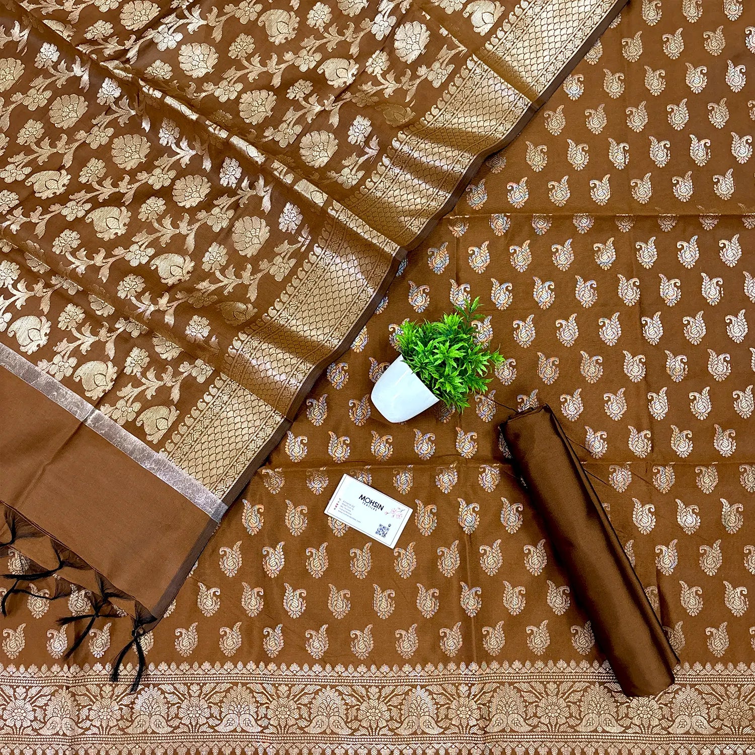 Mustard Chirag Buti Satin Silk Banarasi Suit