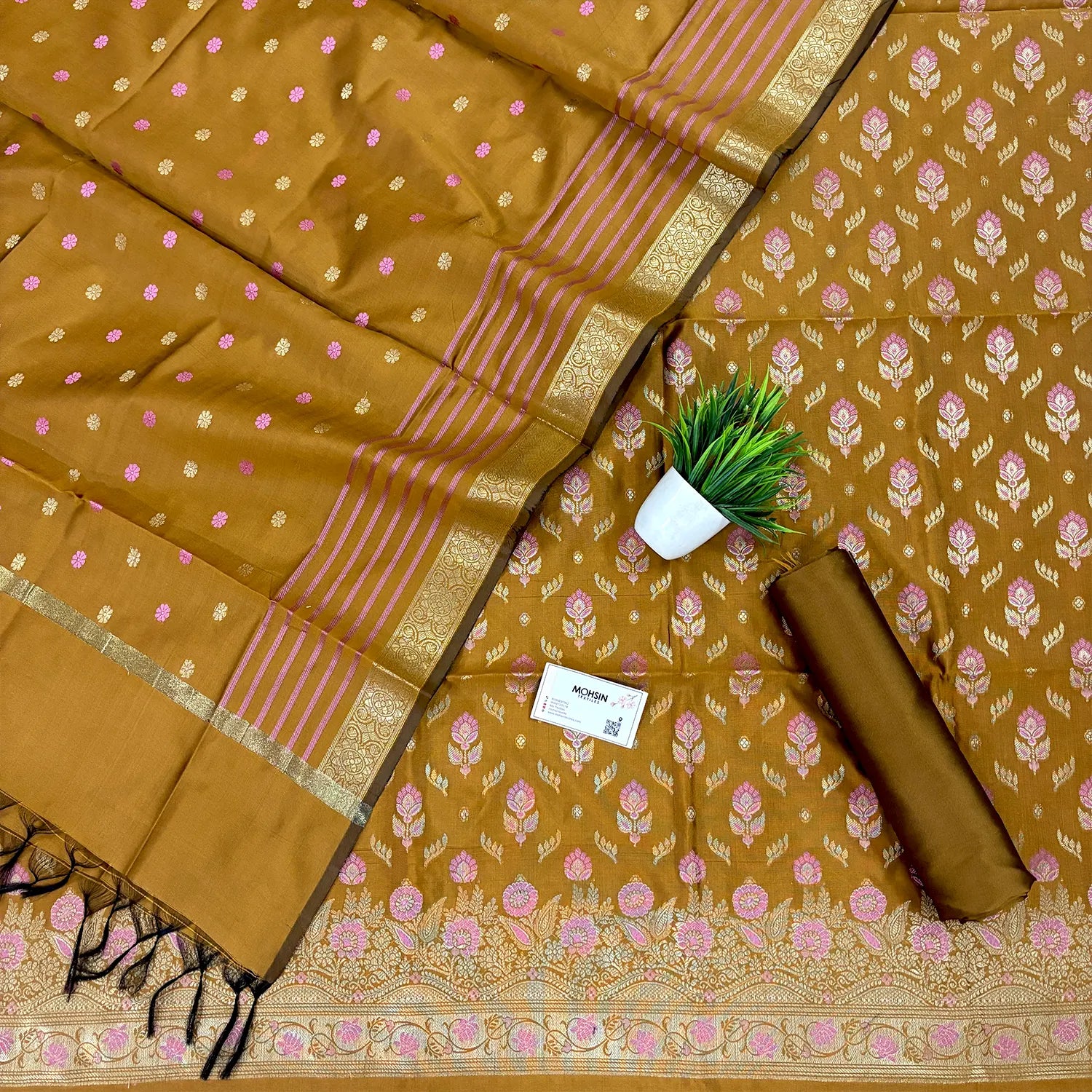 Mustard Golden Zari Satin Silk Banarasi Suit