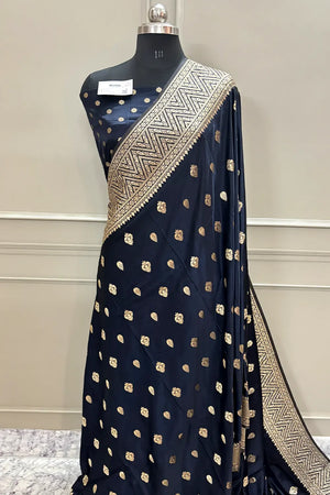 Navy Blue Chagan Patti Katan Silk Banarasi Saree