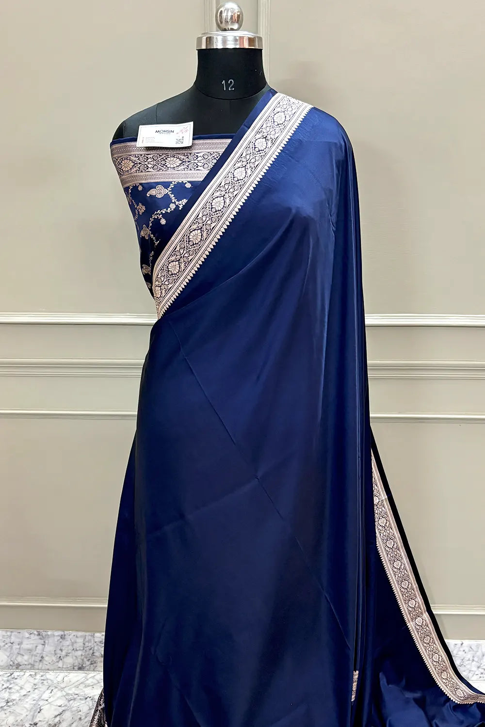 Navy Blue Zari Border Katan Silk Banarasi Saree