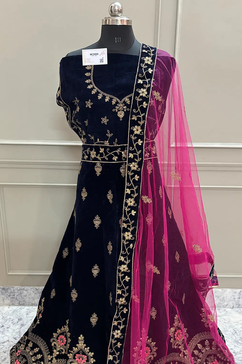 Navy Blue and Pink Zariwork Semi Stitched Velvet Lahenga
