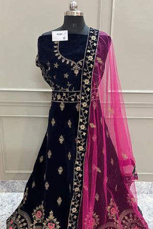 Navy Blue and Pink Zariwork Semi Stitched Velvet Lahenga