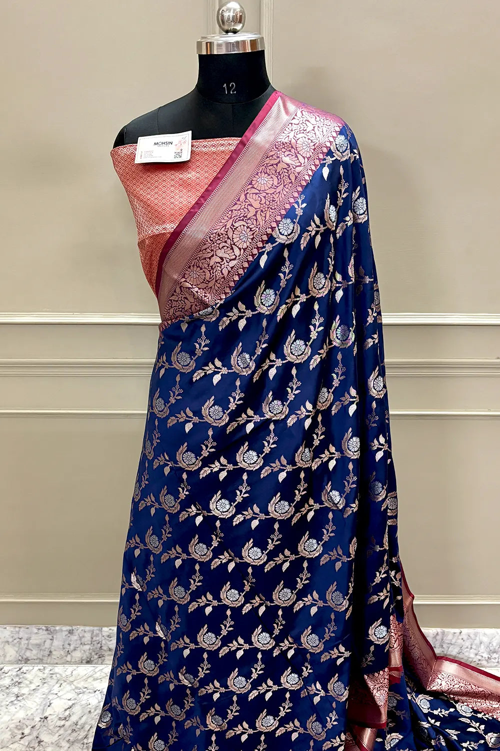 Navy Blue and Red Golden Zari Banarasi Silk Saree