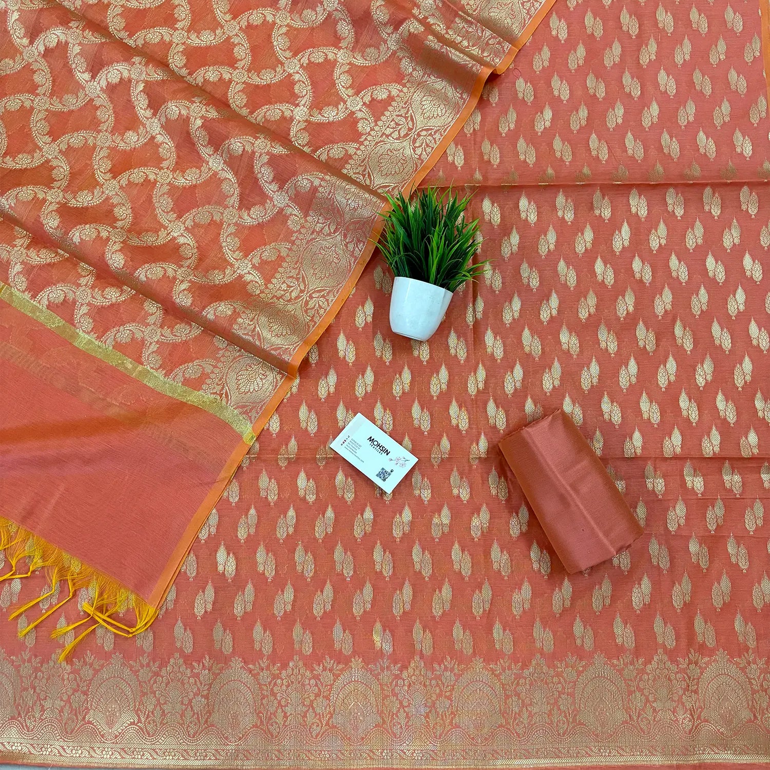 Peach Golden Zari Resham Silk Banarasi Suit